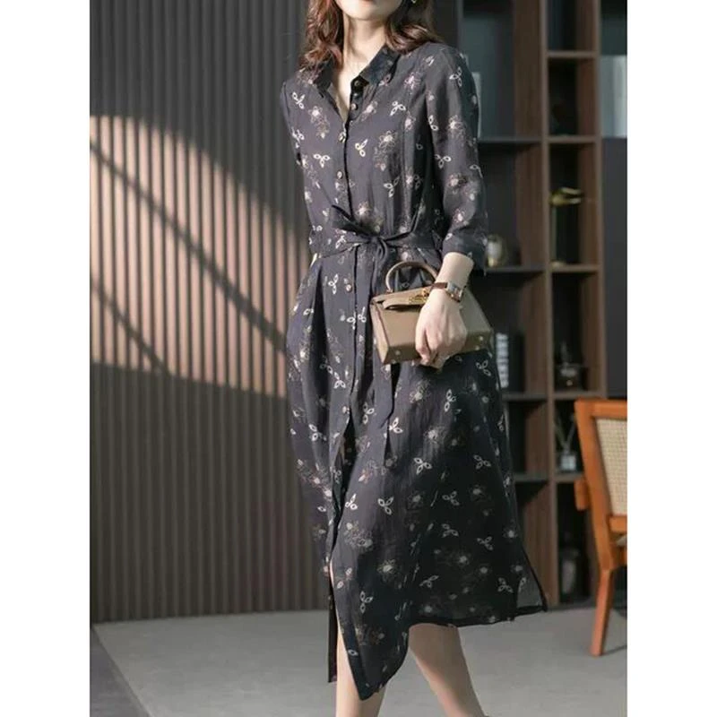 2025春夏新款气质苎麻碎花连衣裙女系带收腰显瘦轻薄连衣裙女夏季