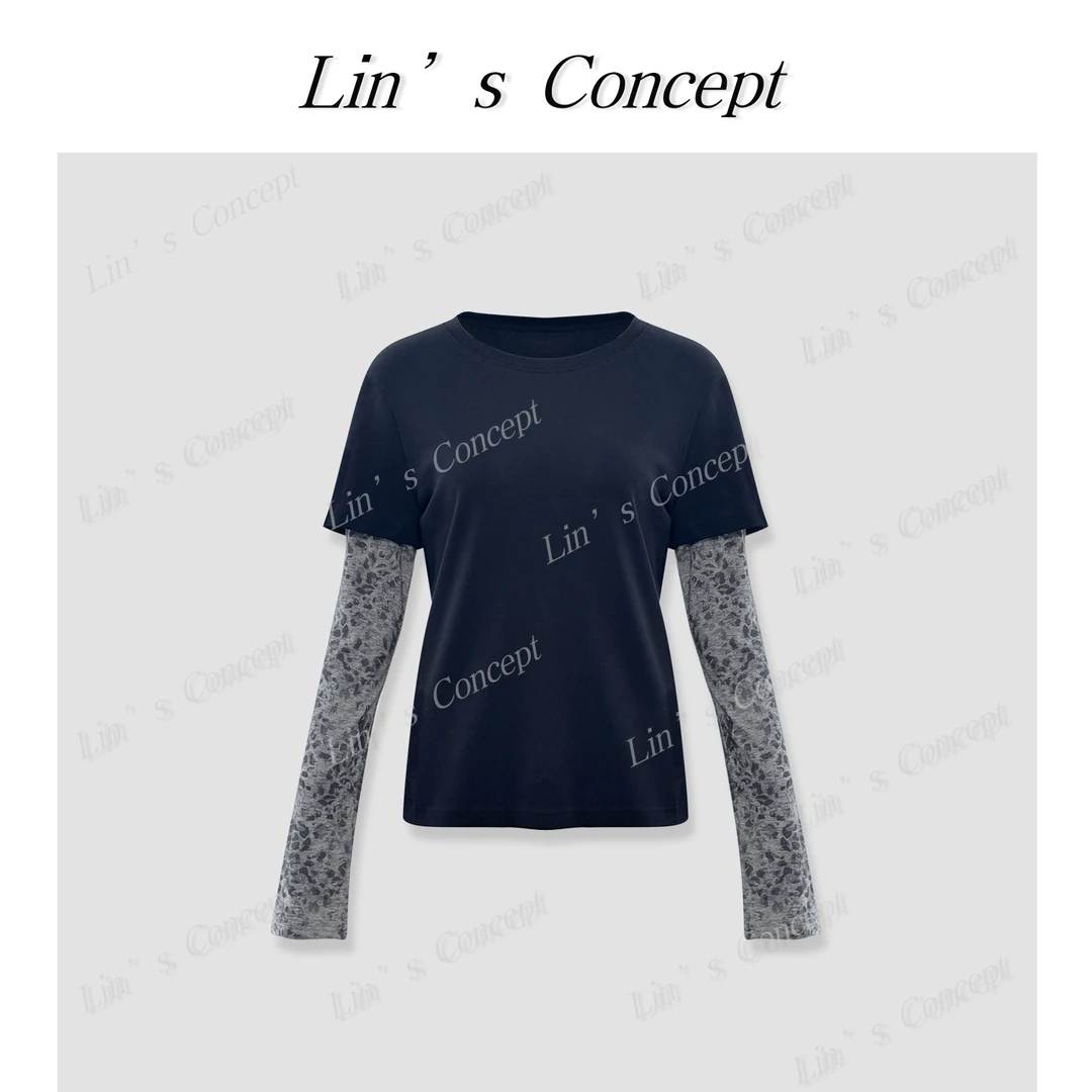 【Lin's concept】时尚圆领拼接假两件印花长袖T恤DL2407078