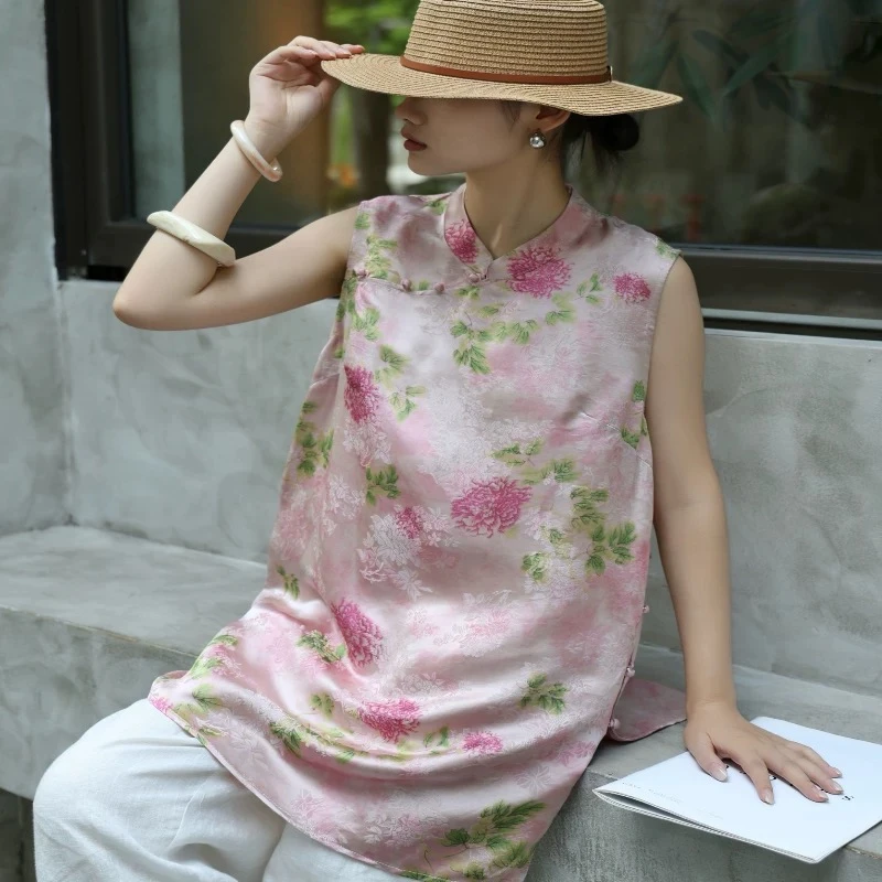 Momo2025夏季百搭高级新中式国风无袖马甲裙牡丹印花款气质