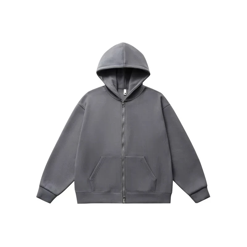 新款秋冬德绒连帽开衫卫衣双头拉链宽松休闲百搭外套纯色情侣款