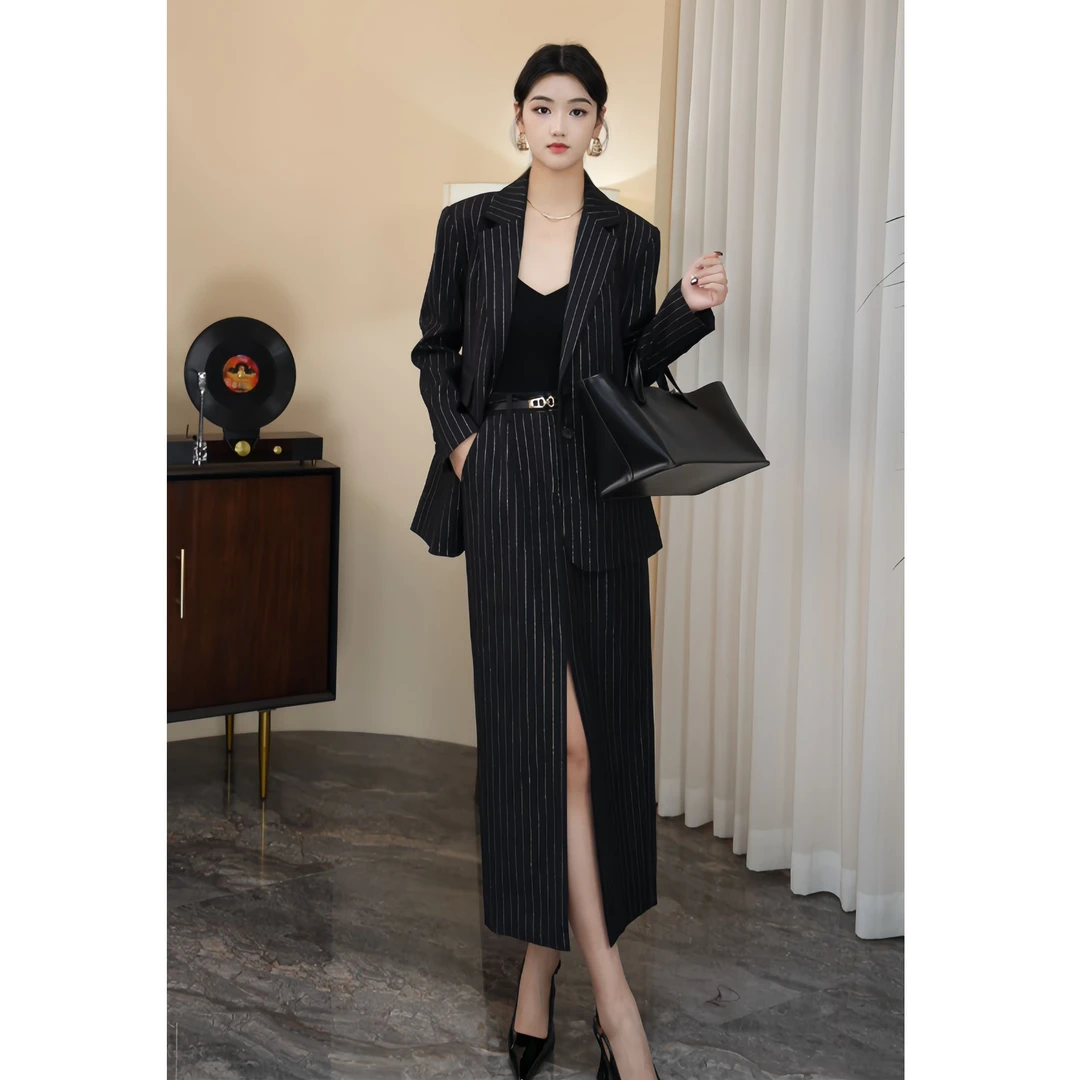 ZEROYK深圳南油原创25年早春 条纹修身时尚西装半裙 职业商务套装