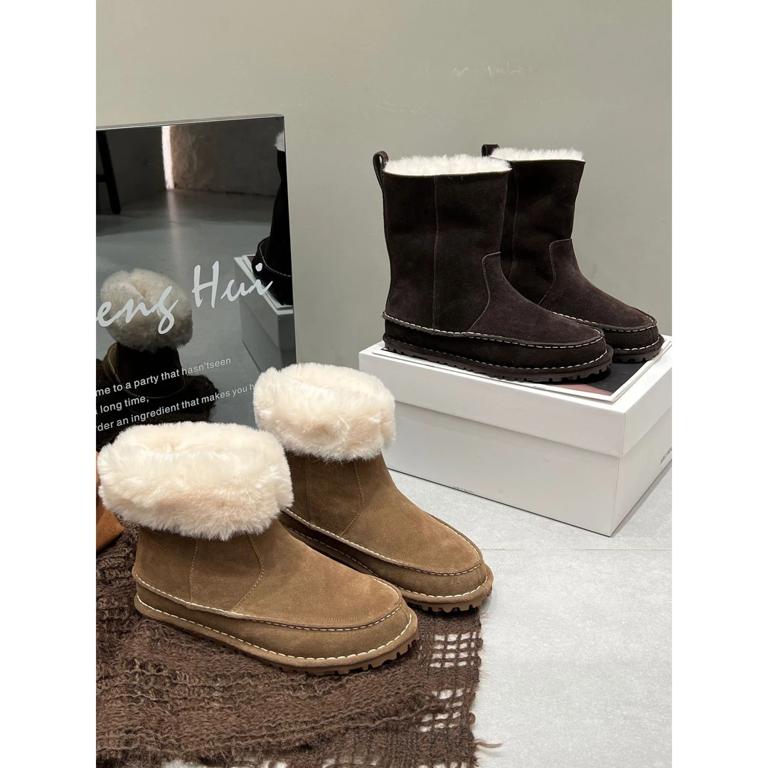 加绒短筒时尚厚底防滑短靴靴子雪地靴皮毛一体加厚百搭女靴冬