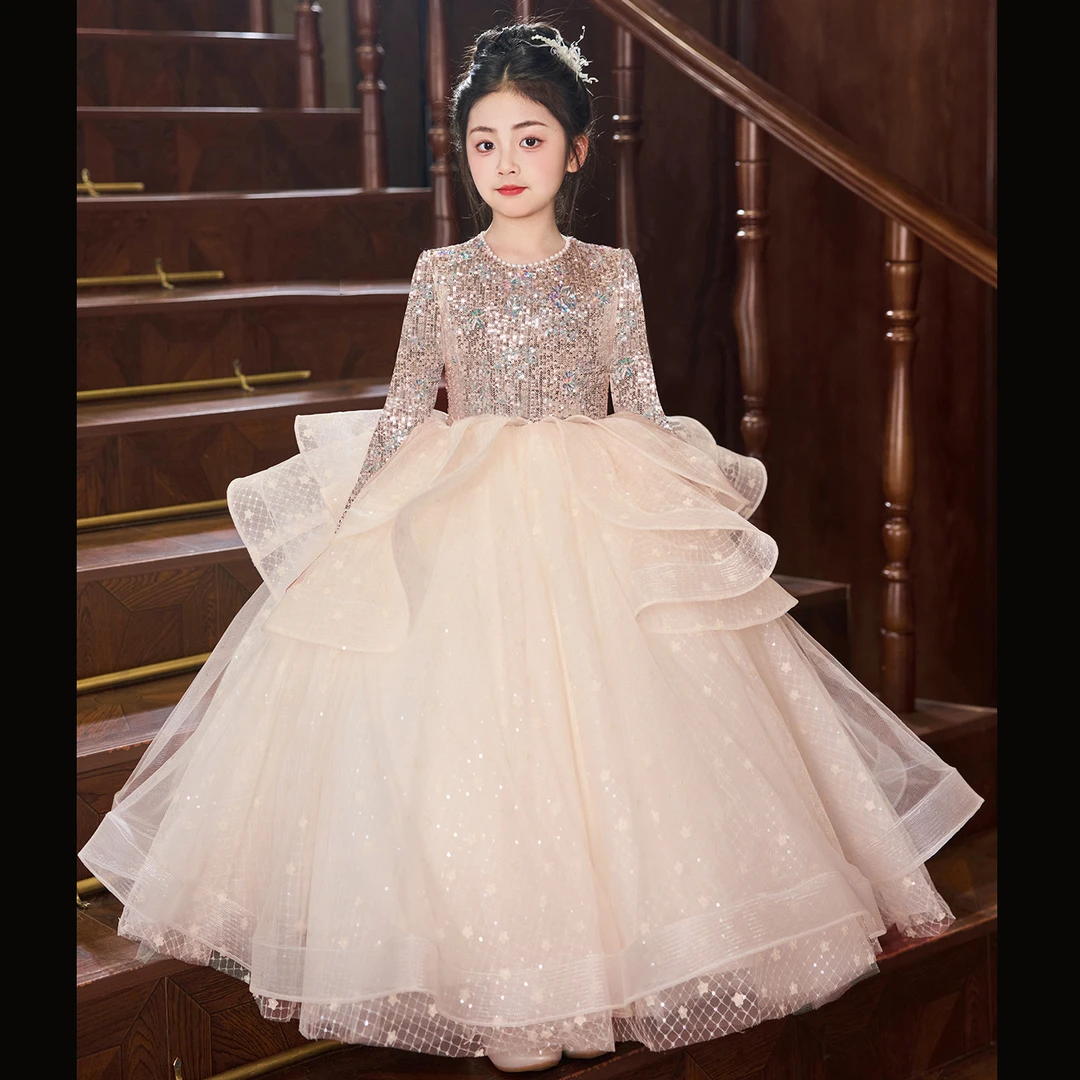 女童礼服长袖轻奢小众高端公主裙儿童小主持人钢琴演奏演出服秋冬
