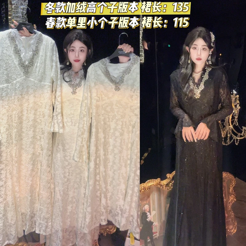 【循雪星愿】62042波浪V领烫钻钩花蕾丝鱼尾连衣裙