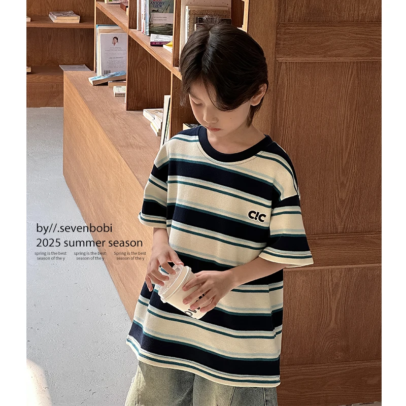 【现货】男童条纹短袖t恤儿童短袖2025新款韩版女童宽松上衣夏季