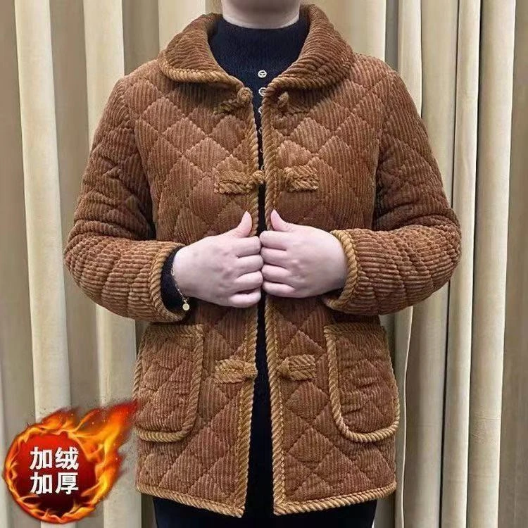 中老年宽松女装棉衣加绒加厚冬季盘扣冬装气质妈妈装短款时尚复古