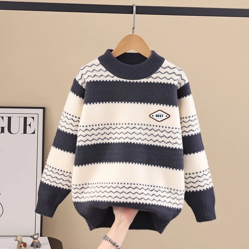 条纹针织衫 加绒加厚韩绒男童长袖毛衣 圆领洋气套头上衣