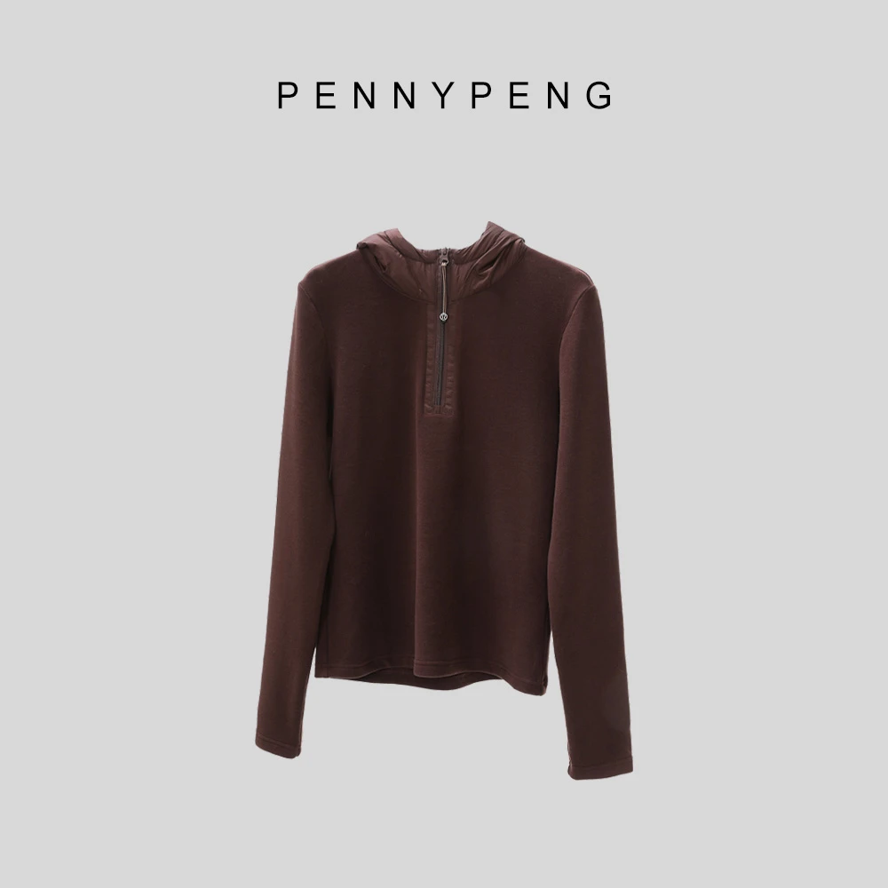 PENNYPENG焦糖可可早春时尚气质复古百搭咖色时尚连帽拉链套头衫