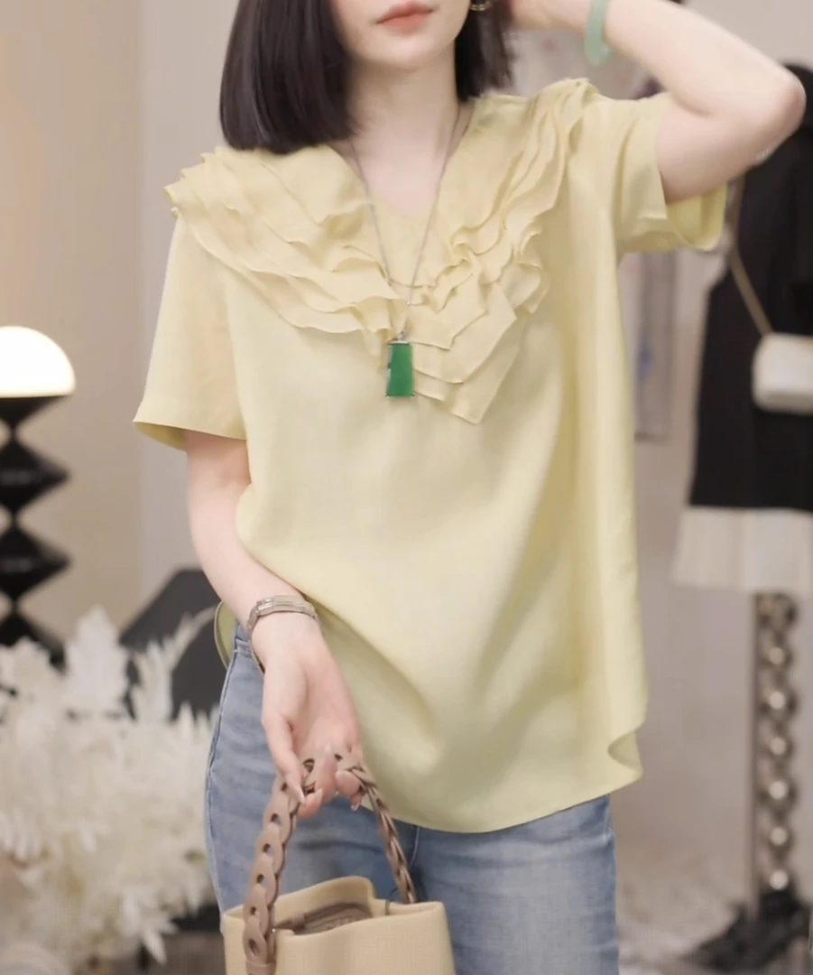 2025新款气质百搭简约小衫夏日出游度假V领波浪花边休闲短袖上衣