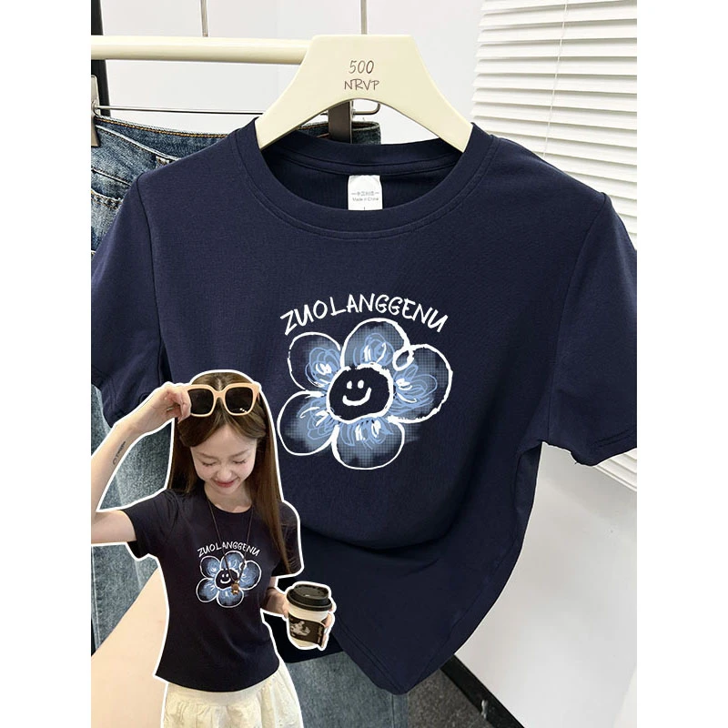 胖mm大码女装正肩韩系减龄印花短袖t恤女高弹力修身遮肉显瘦上衣