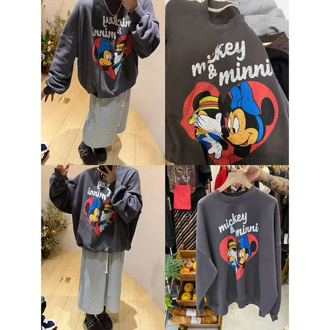 TOMATO-“捂脸米奇卫衣”韩版宽松厚毛圈做旧复古高克重卫衣#25318