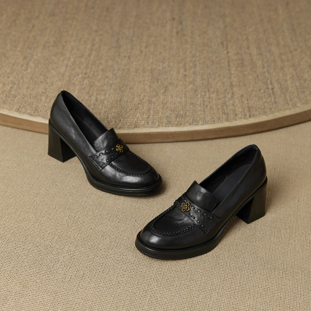 手工制作/7.5cm重工水洗牛皮圆头高跟深口乐福鞋春季跟鞋春秋单鞋