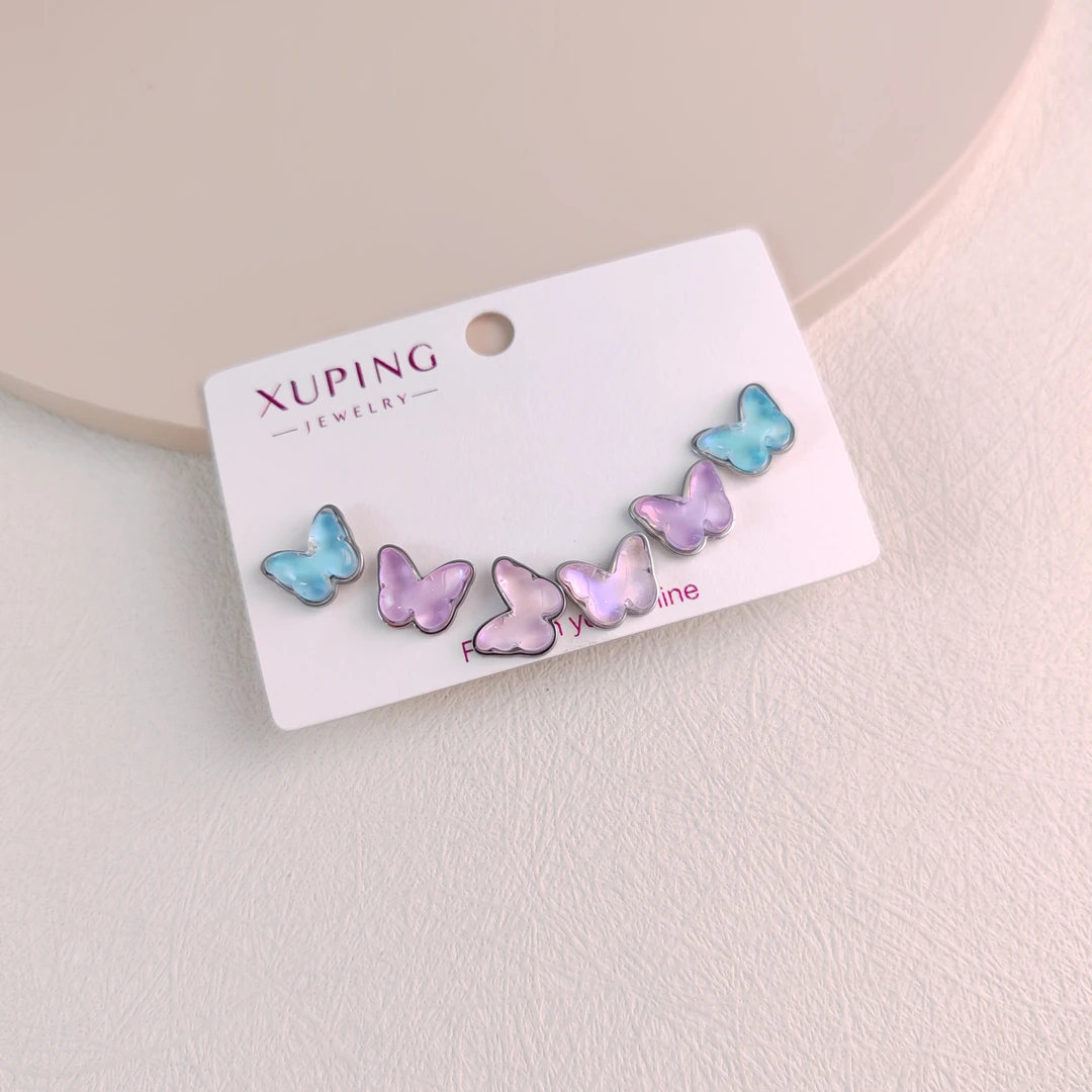 XUPING/旭平首饰 不锈钢亚克力耳饰 一卡三对蝴蝶耳钉 T001088863