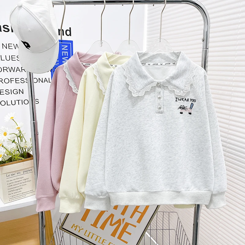 春季新款女童卫衣蕾丝花边上衣春款潮流中大童韩版zb5369简约童品