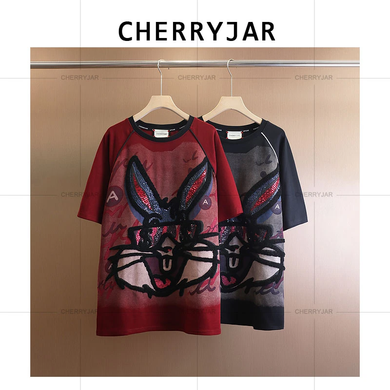 Cherryjar【251035】夏季时尚休闲兔八哥印花植绒印花圆领宽松短袖