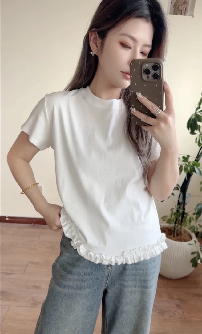 下摆木耳边T恤简约打底纯色小众纯棉显瘦