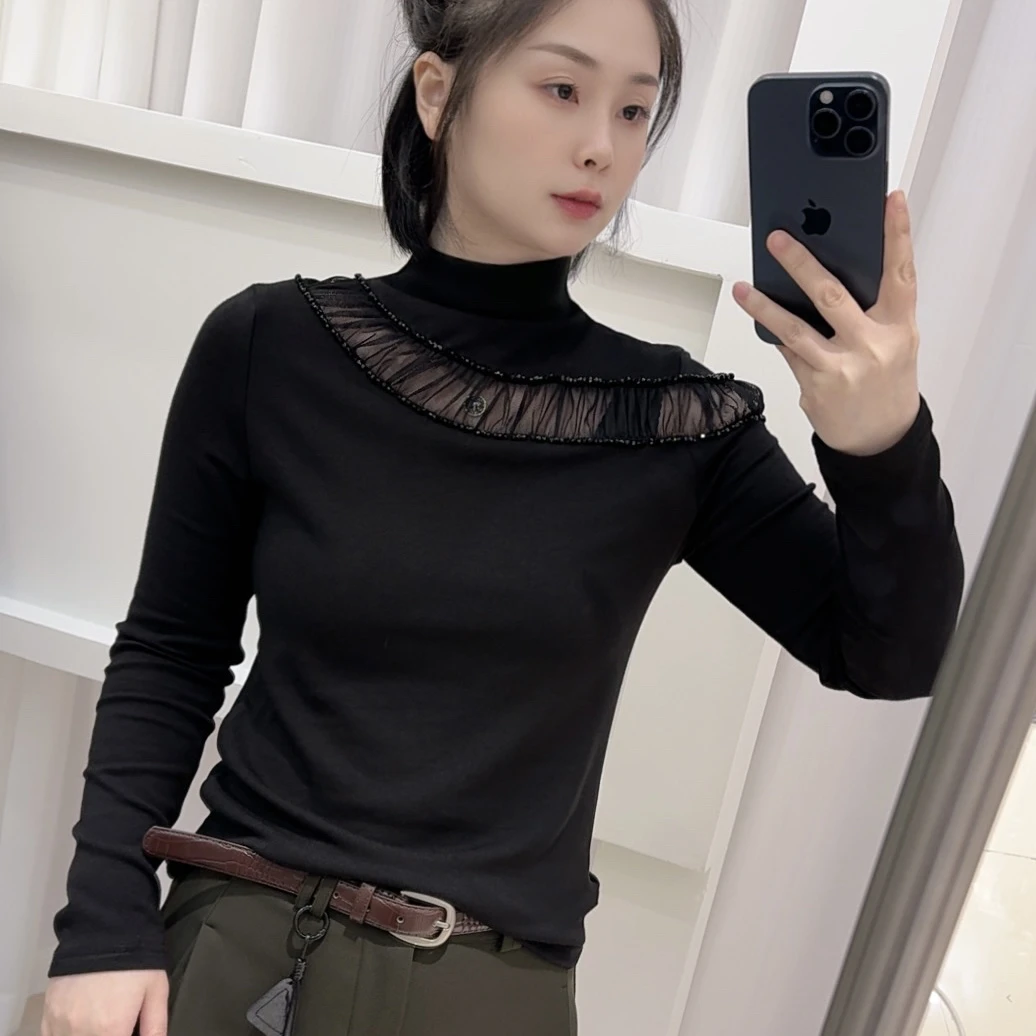 【5809】秋冬时尚钉珠拼接网纱T恤长袖修身女打底衫半高领