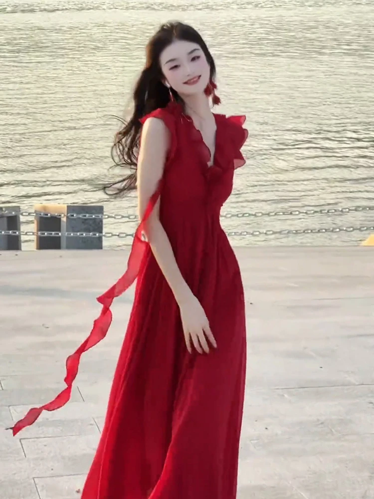 法式小飞袖连衣裙子女夏季2025新款海边度假绝美漂亮长裙3699