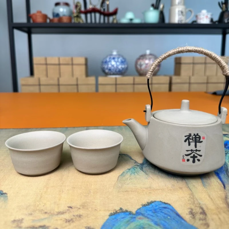 粗陶麻绳提梁壶（禅茶）一壶二杯9-72
