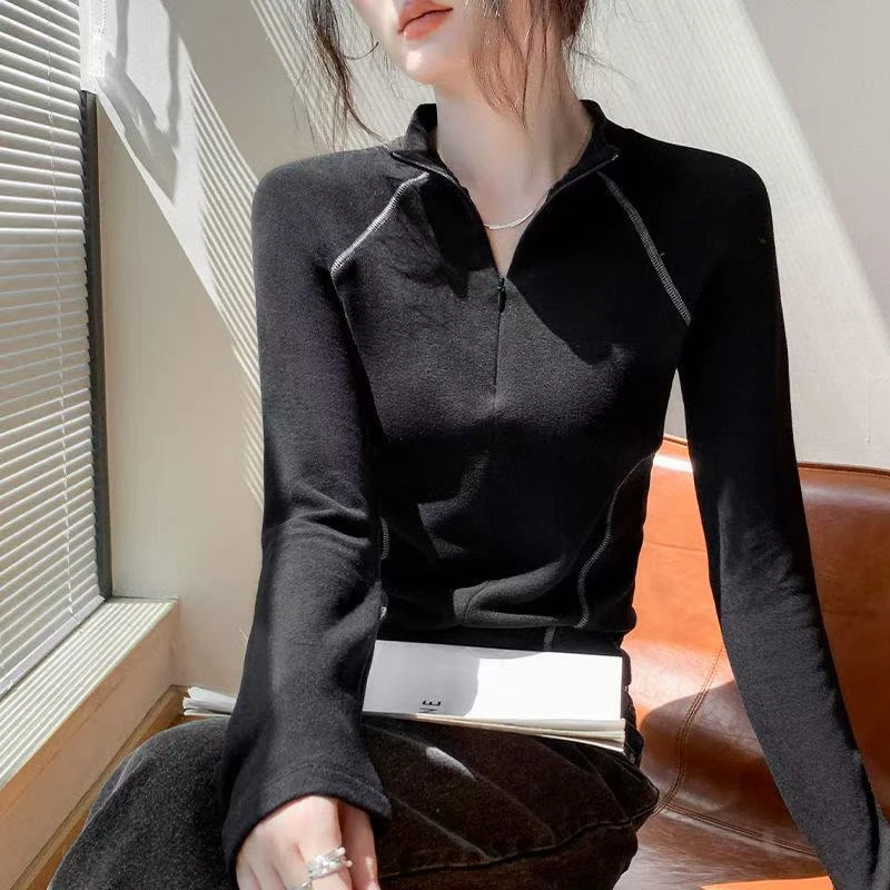 打底衫女早春新款拉链半高领美式拼接内搭甜辣修身显瘦上衣