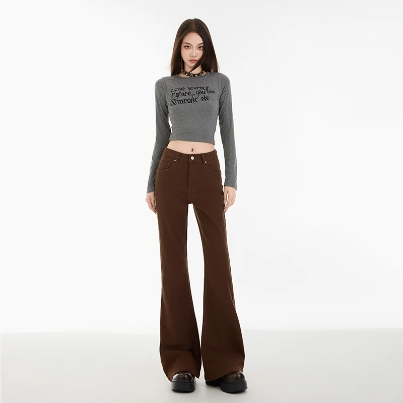 秋季咖啡色微喇叭牛仔裤女2024新款修身弹力百搭显瘦加长拖地裤子
