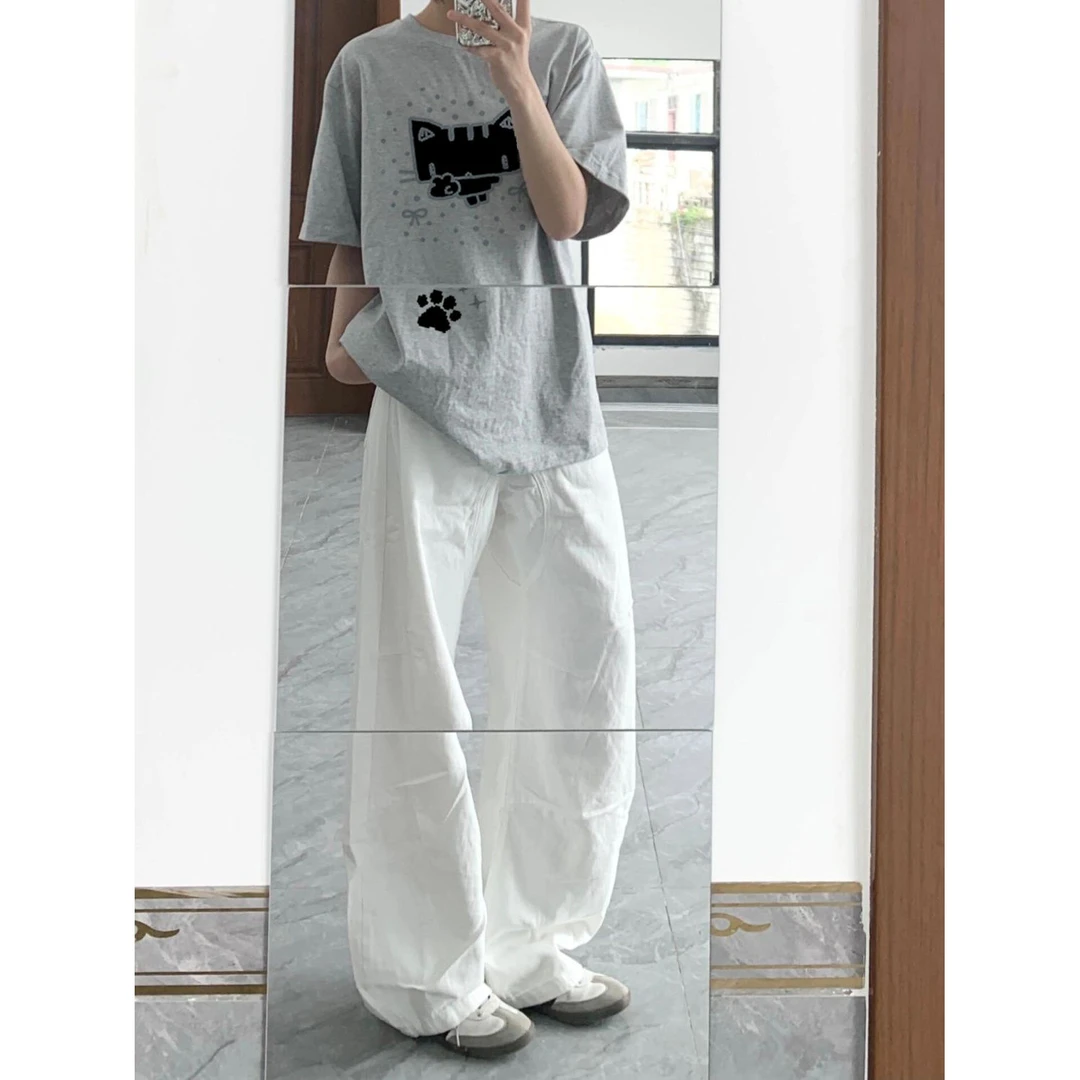 100%纯棉小众ins小猫印花浅灰色宽松短袖t恤女夏季潮牌百搭上衣服