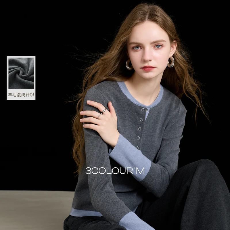 三彩2025冬季新款圆领针织衫长袖简约套头衫上衣显瘦百搭M