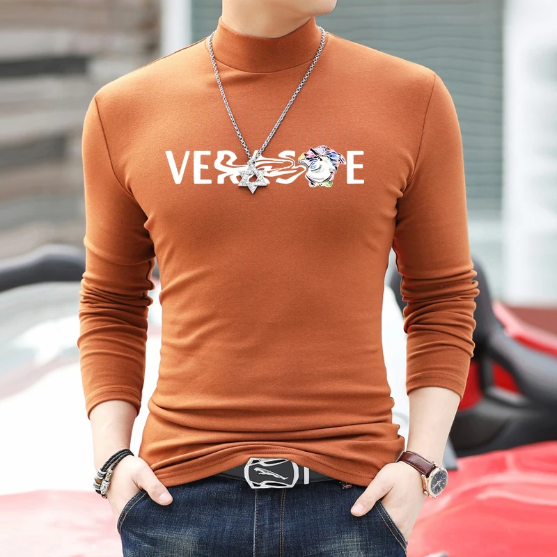 男士半高领长袖T恤青年双面磨毛中领修身内搭保暖内衣打底衫新款