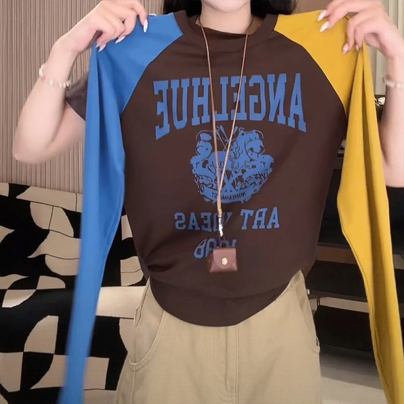 美式字母印花插肩长袖t恤女装秋季2025新款高级感上衣打底衫女士