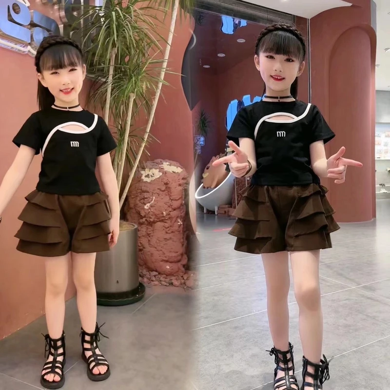 女童短袖t恤镂空洋气时髦裙裤2025新款6-12夏装短裤体恤短款套装