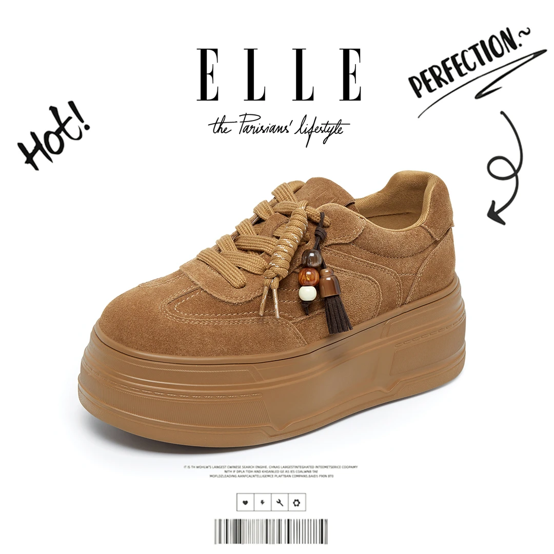 ELLE配阔腿裤的增高女鞋设计感小个子串珠流苏面包复古休闲松糕鞋