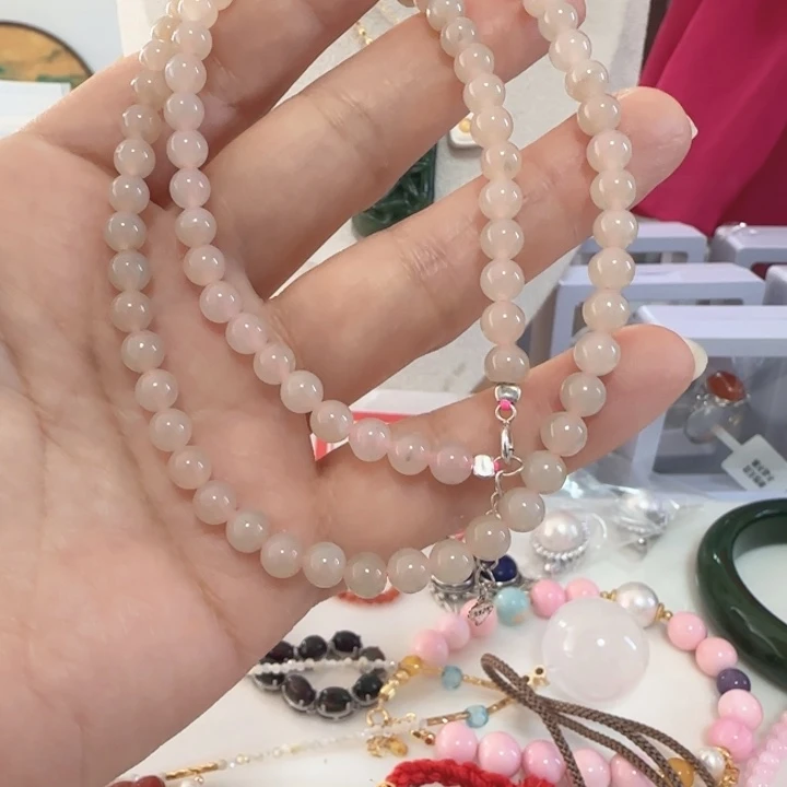 六***非和田玉银S925镶嵌颈饰5.5左右长45藕粉天然结构优惠