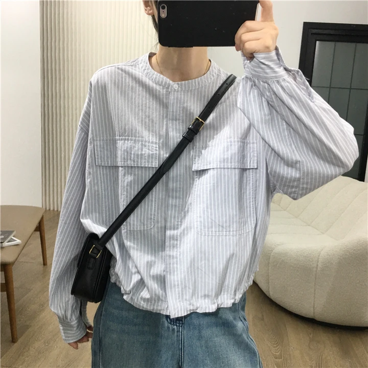 高品质老钱风设计感复古条纹衬衣女秋季新款圆领宽松下摆抽绳上衣