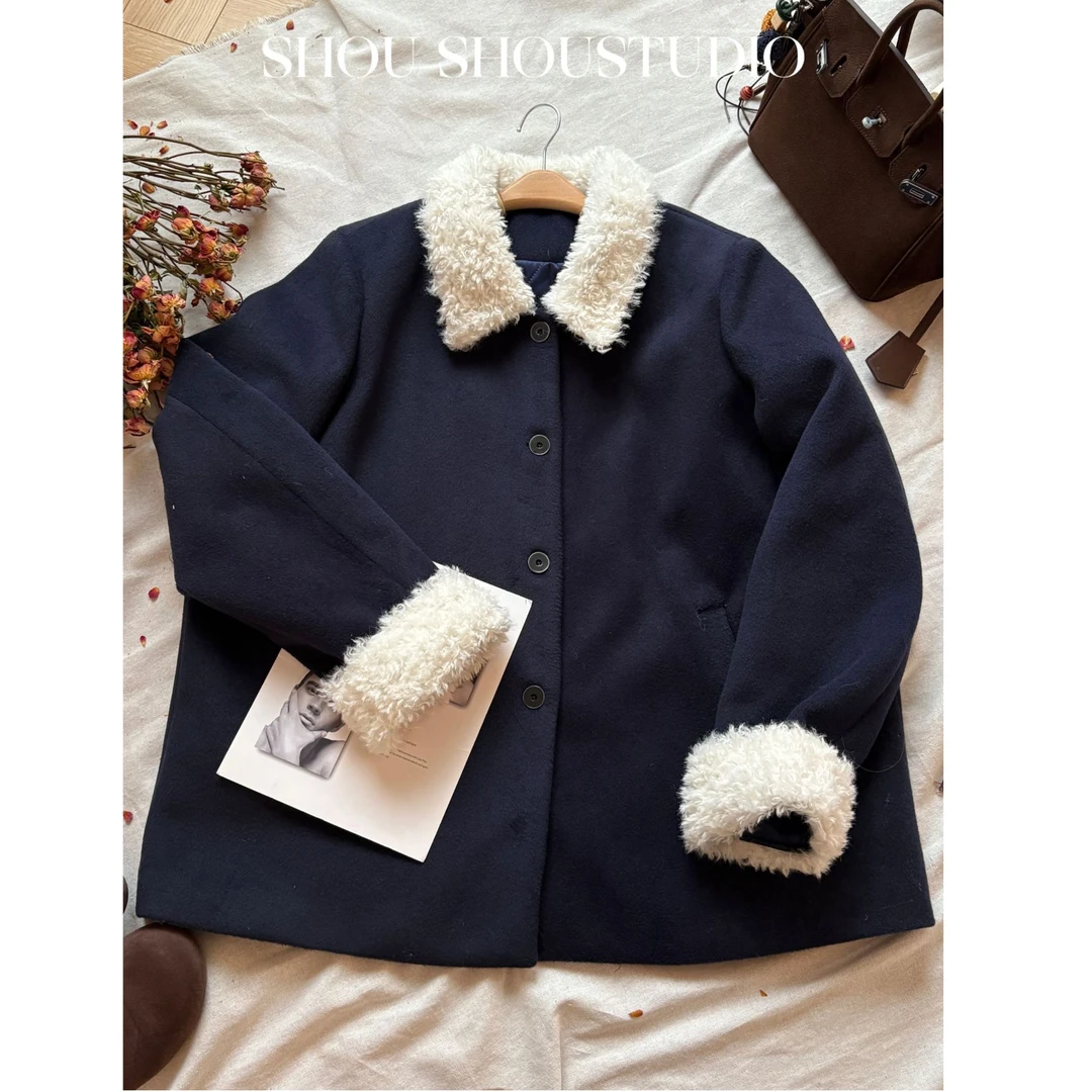 【瘦瘦】蓝莓麻薯包-大码翻领百搭显瘦小香风羊羔毛棉服外套S02323