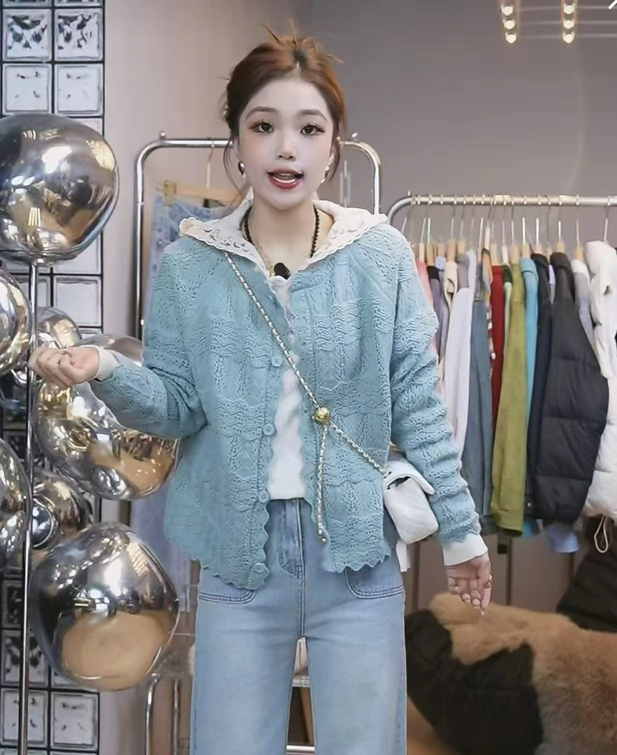 温柔重工钩花圆领花边针织开衫女宽松长袖针织衫气质外套新A606