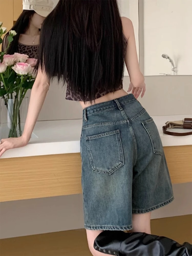 复古直筒五分牛仔短裤女2025年夏季薄款高腰显瘦大码宽松阔腿中裤