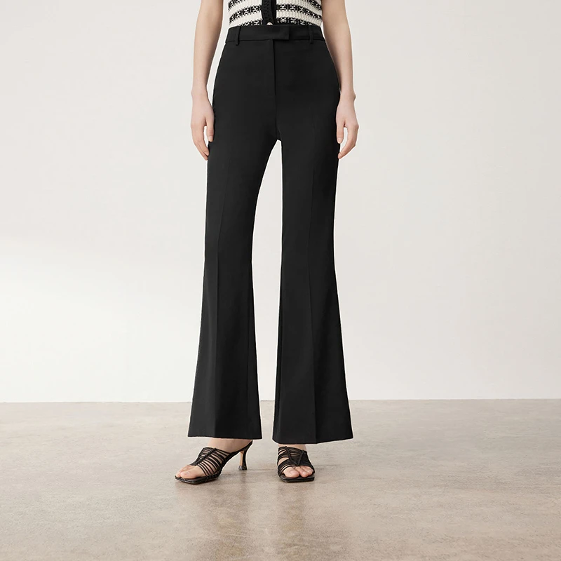 LANCY/朗姿2024夏季新款黑色高腰喇叭阔腿裤女显高提臀修身西裤女