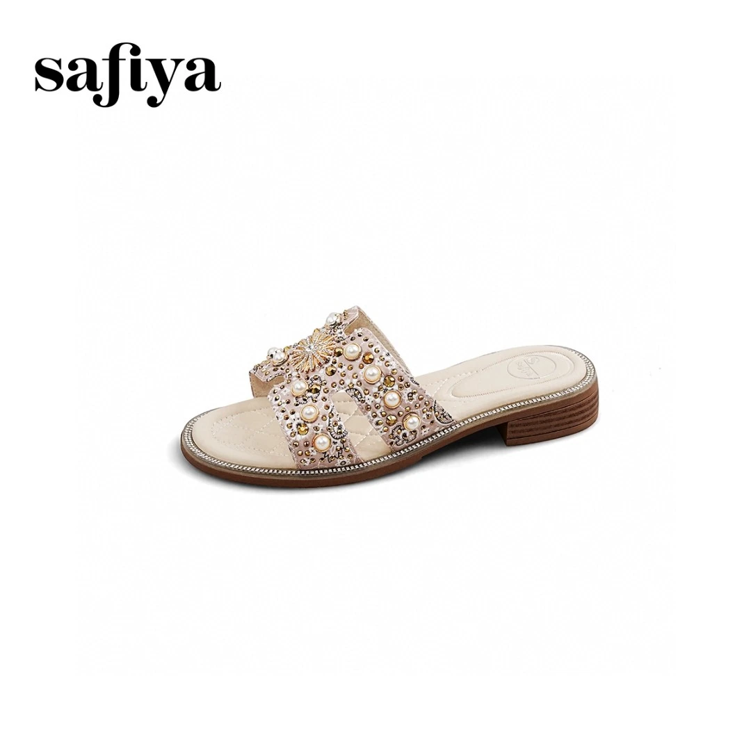 2025夏季轻便复古平底闪钻珍珠仙女休闲露趾拖鞋女款