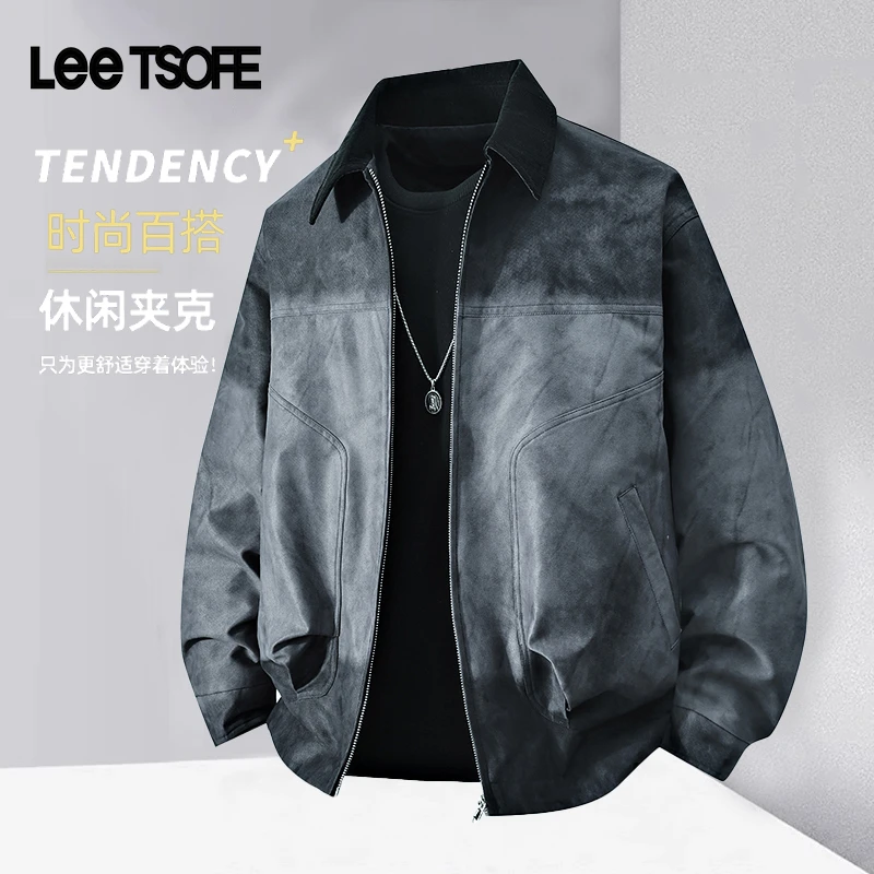 LEE TSOFE2025新款秋季夹克港风毛昵翻领夹克大码潮流百搭翻领
