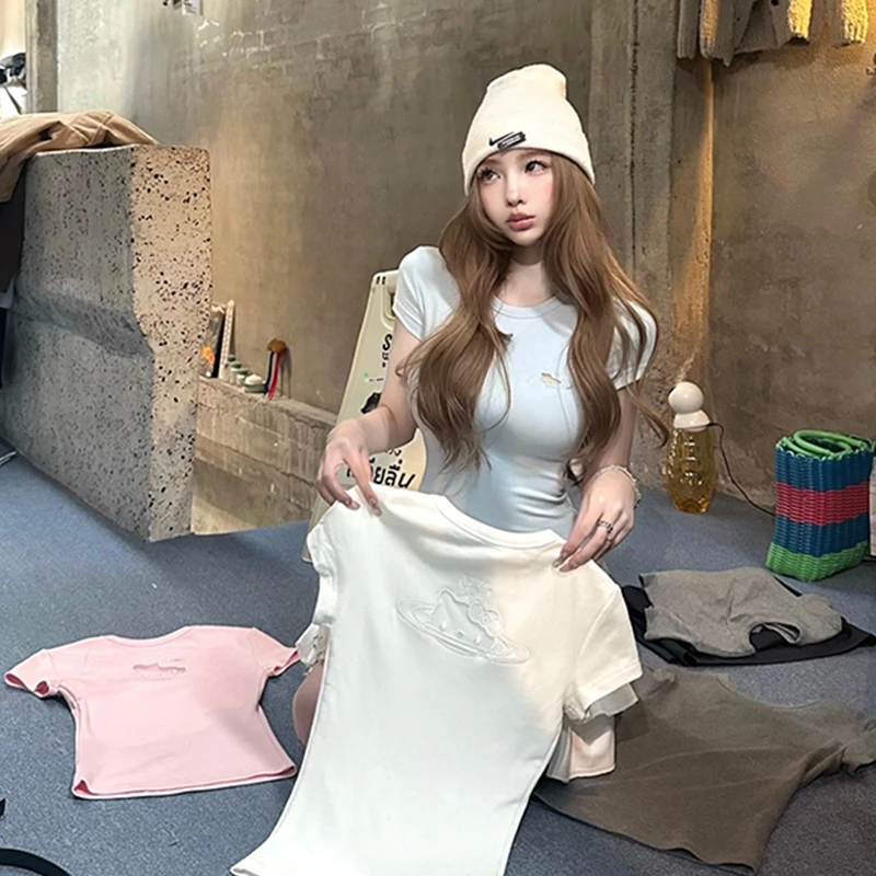 设计感网纱镂空刺绣正肩短袖T恤女2025新款夏季修身显瘦洋气上衣
