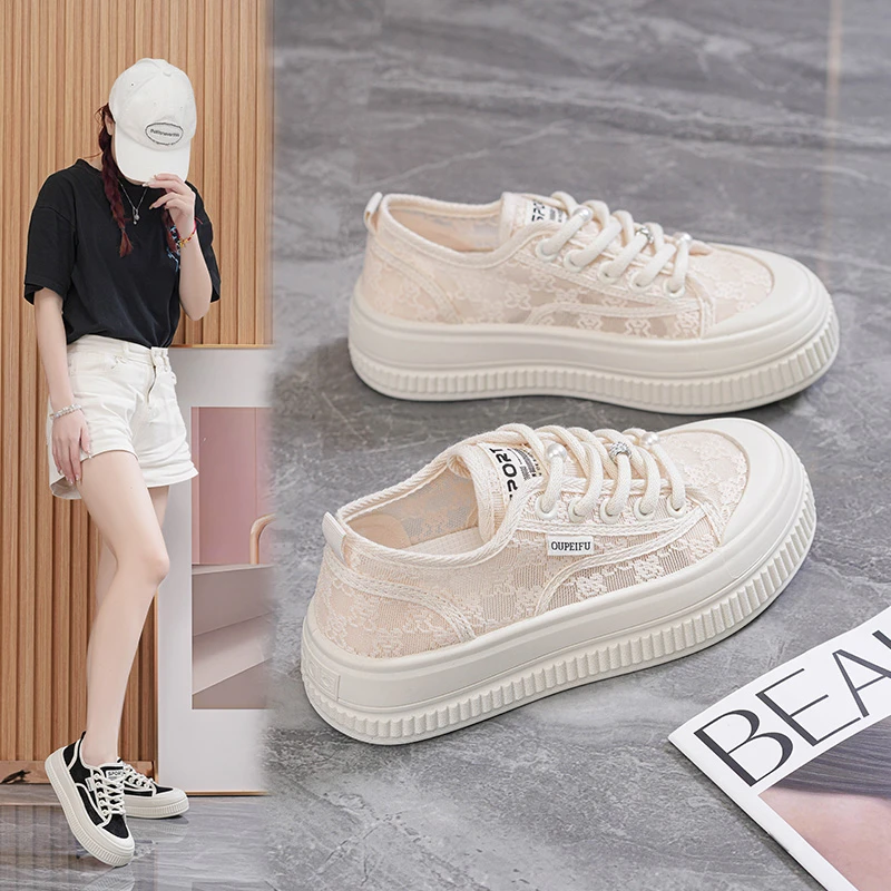 2025夏季新款厚底百搭蕾丝休闲女鞋韩版时尚软底软面透气网面板鞋