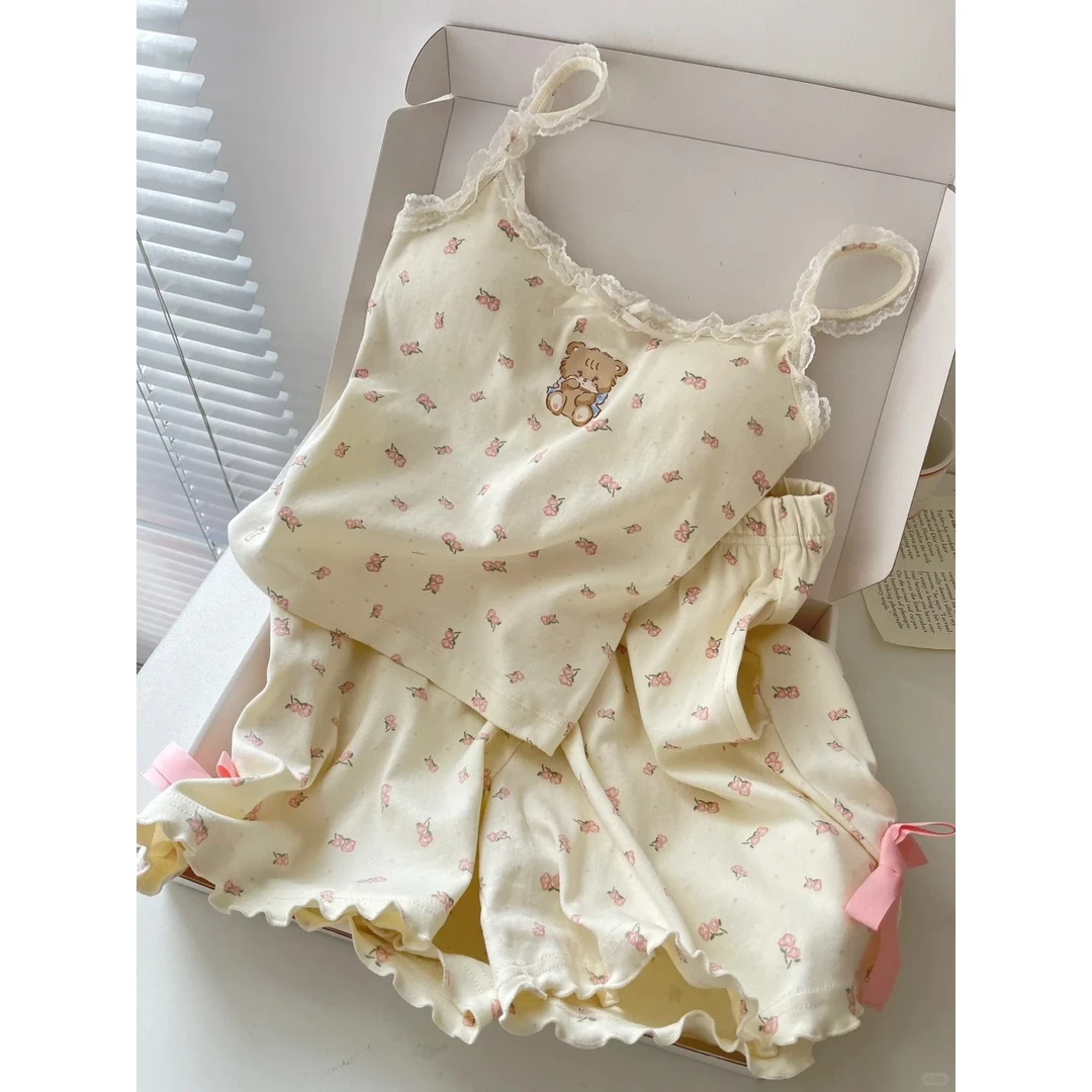 【小熊吊带】甜美碎花带胸垫睡衣女夏季新款2025短裤套装外穿家居服