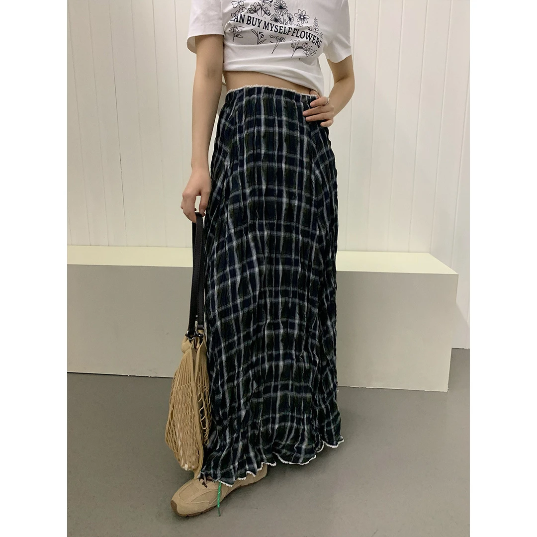 简礼2025年压褶格子长款女式半身裙女春秋新款女装