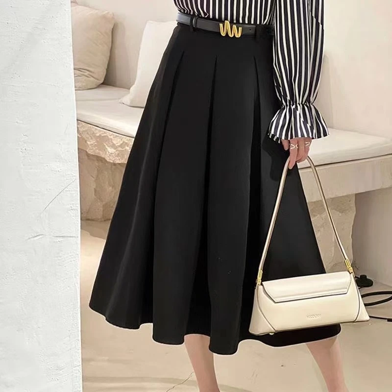 A3806新款显瘦高腰A字西装裙中长款大摆百褶半身裙