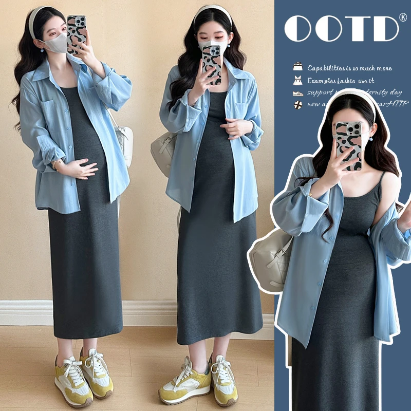 孕妇装2025春季新款韩版时尚减龄蓝色衬衫+吊带裙两件套显瘦套装
