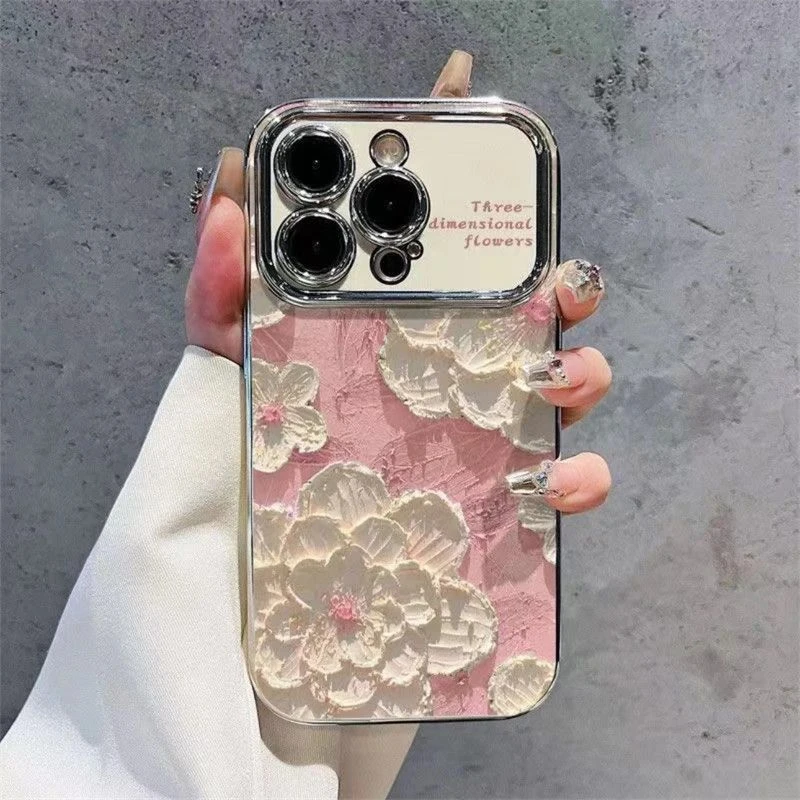 油画花朵适用苹果13手机壳iPhone15视窗11新款14电镀12promax