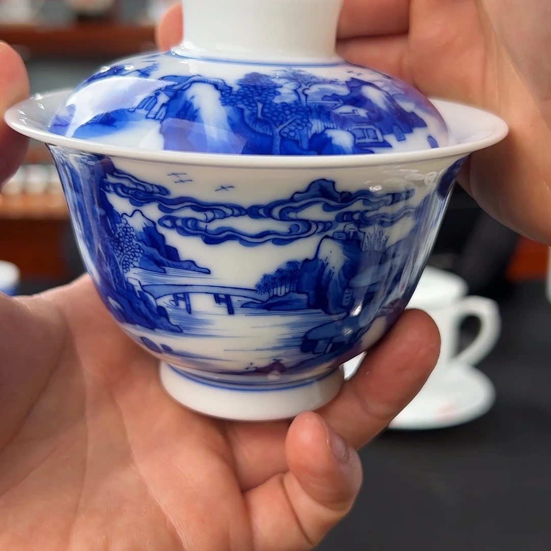 紫*柴窑青花山水盖碗一级品