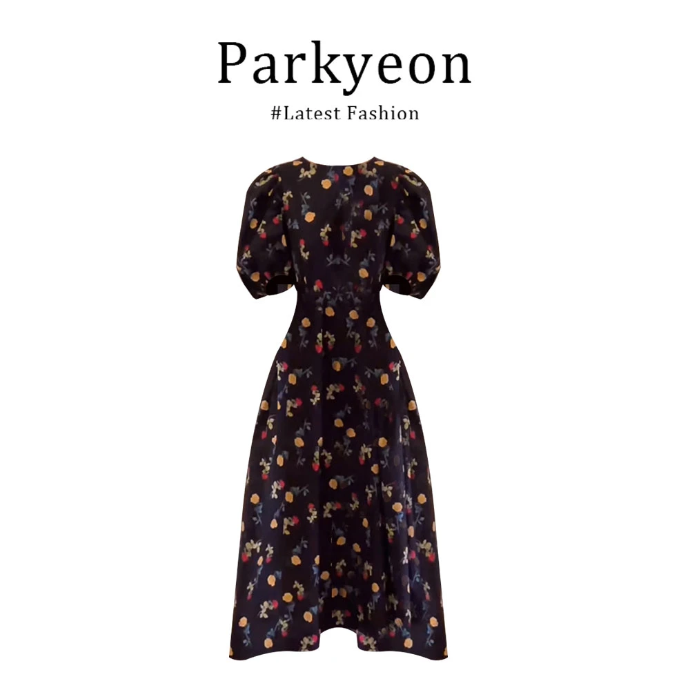 parkyeon法式圆领短袖碎花连衣裙女装夏季新款气质宽松显瘦长裙子