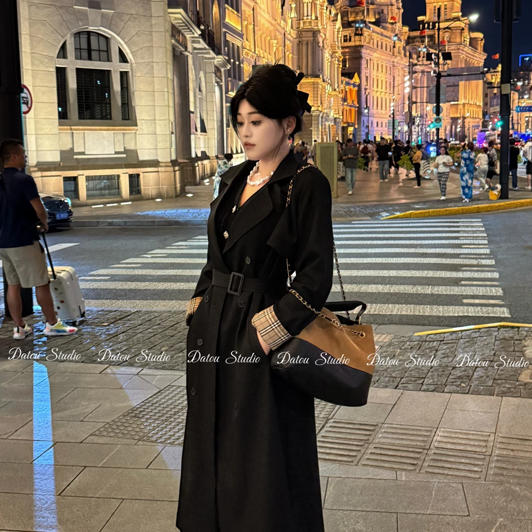 DATOO【伦敦记忆】微胖大码老钱风拼接格纹系带收腰两穿长款风衣秋