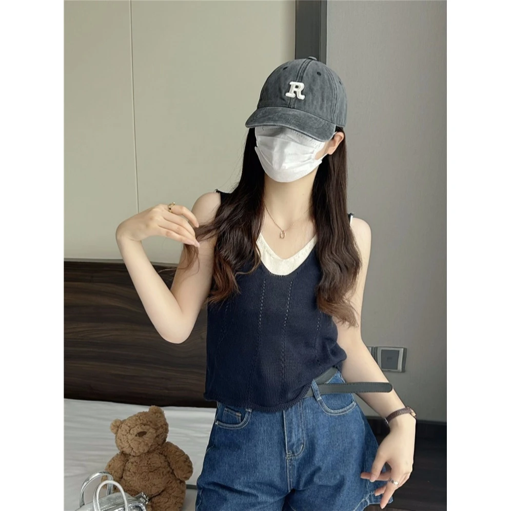 夏季新款女假两件背心韩版小个子无袖上衣修身撞色设计感针织吊带